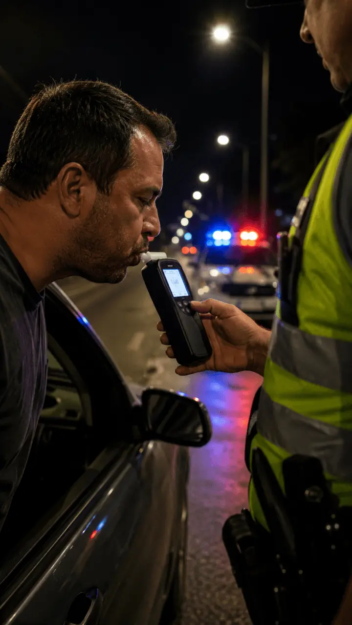 Motorista sendo submetido ao teste do bafômetro por policial durante blitz de trânsito à noite