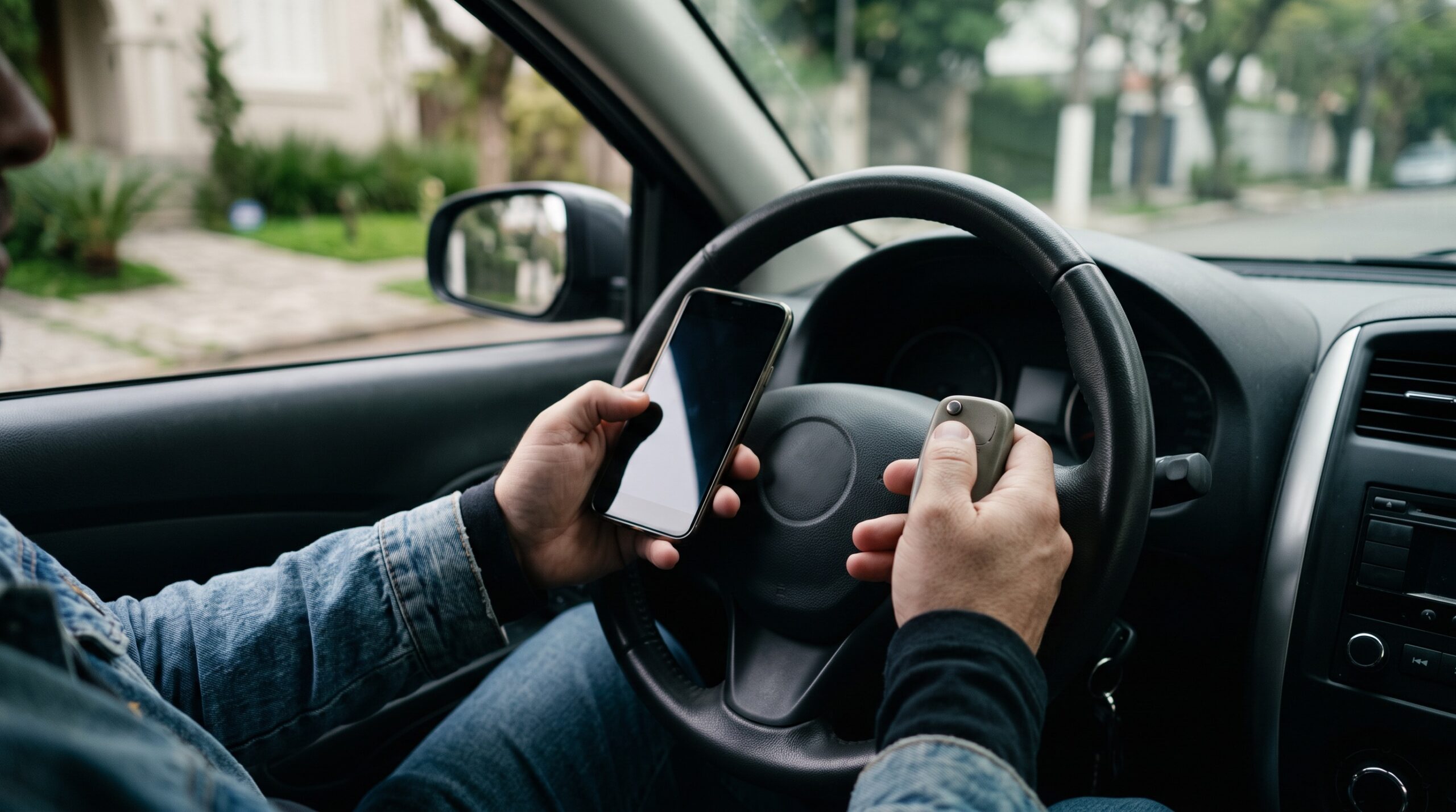 Motorista conferindo no celular dados de autuação por bafômetro e CNH
