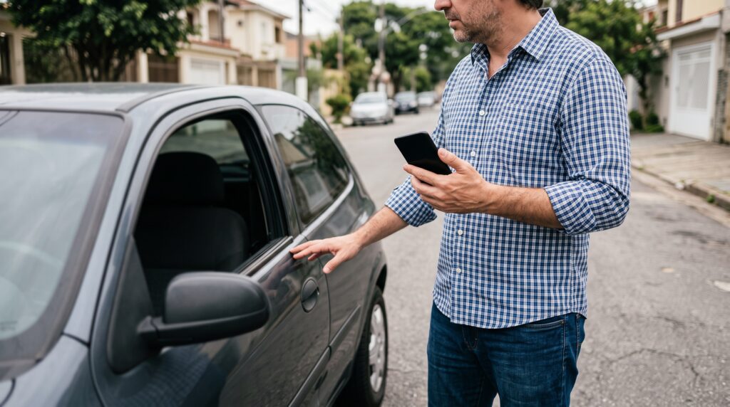 Condutor conferindo situação de bafômetro sem aferição ao lado de carro estacionado