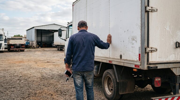 Motorista ao lado de caminhão de trabalho em caso de busca e apreensão