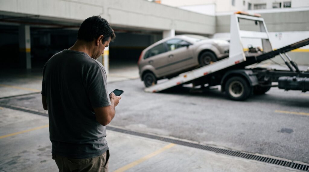 Pessoa avalia orientação jurídica após carro apreendido pelo banco em busca e apreensão de veículo
