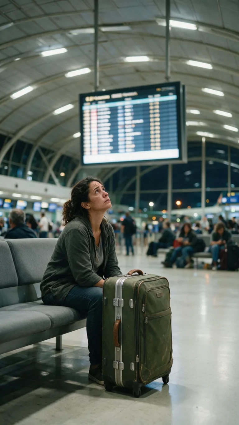 Passageira aguardando em terminal de aeroporto diante do painel de voos
