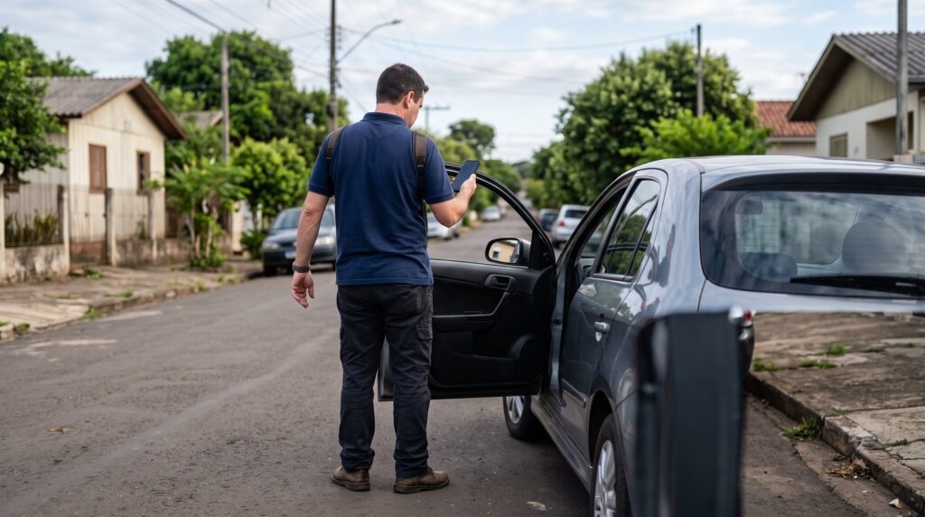 Motorista profissional avaliando situação de CNH suspensa ao lado de carro estacionado
