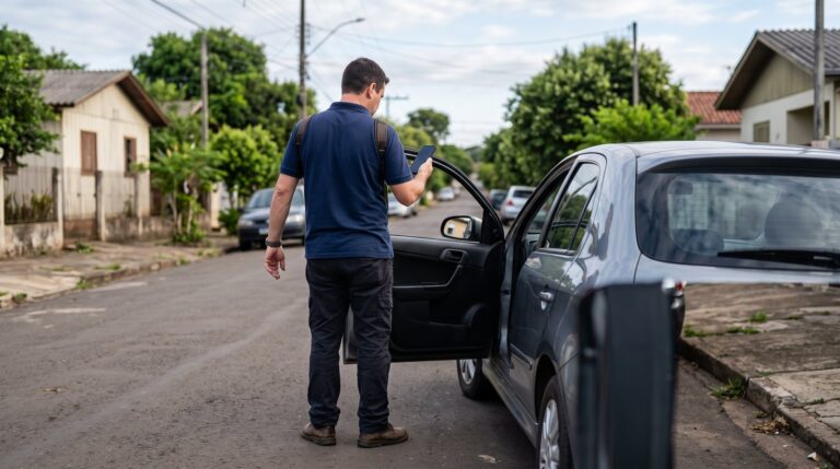 Motorista profissional avaliando situação de CNH suspensa ao lado de carro estacionado
