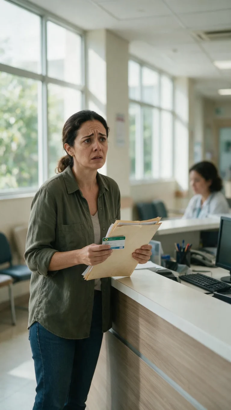 Paciente com documentos médicos na recepção de hospital após negativa de cobertura