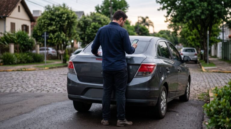 Condutor analisa autuação por sinais de embriaguez ao lado de carro estacionado