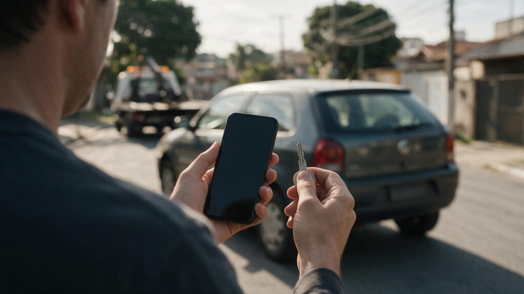 Pessoa com celular diante de carro vendido sem transferência regularizada