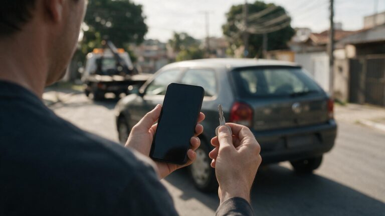 Pessoa com celular diante de carro vendido sem transferência regularizada