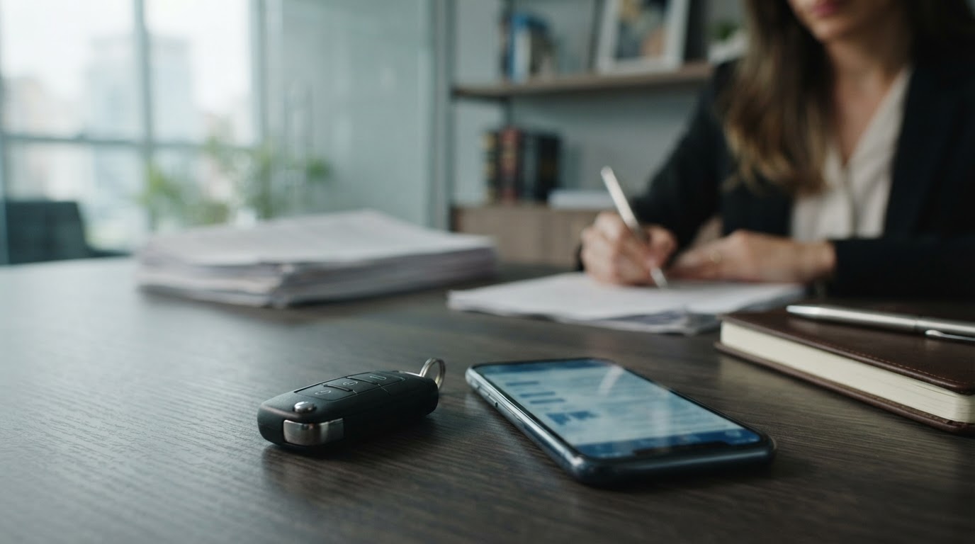 Chave de carro e celular em análise de financiamento e CET