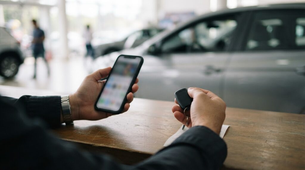 Consumidor avaliando financiamento de veículo e juros abusivos no celular